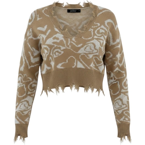 just polly Sweaters - Just Polly Rose Heart Print Women M Distressed Cropped Ribbed Sweater Tan White